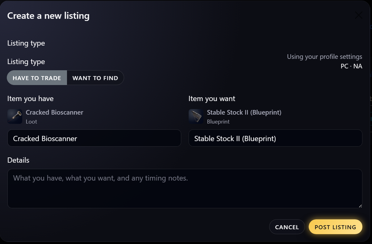 RaiderTrader Create Listing